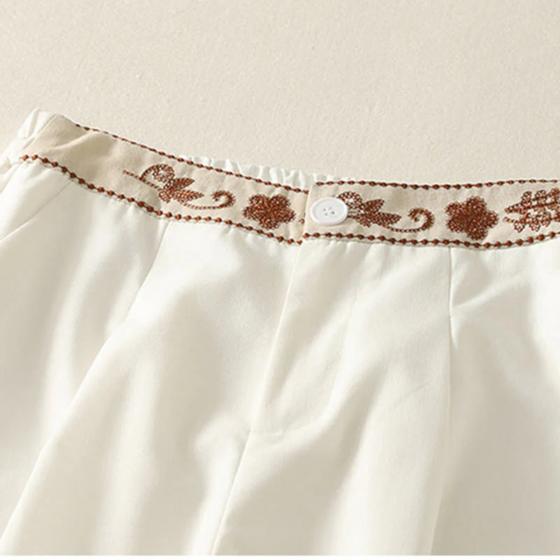 Buddha Stones Women's Embroidery Elastic Waistband Zipper Design Cotton Wide Leg Pants With Pockets