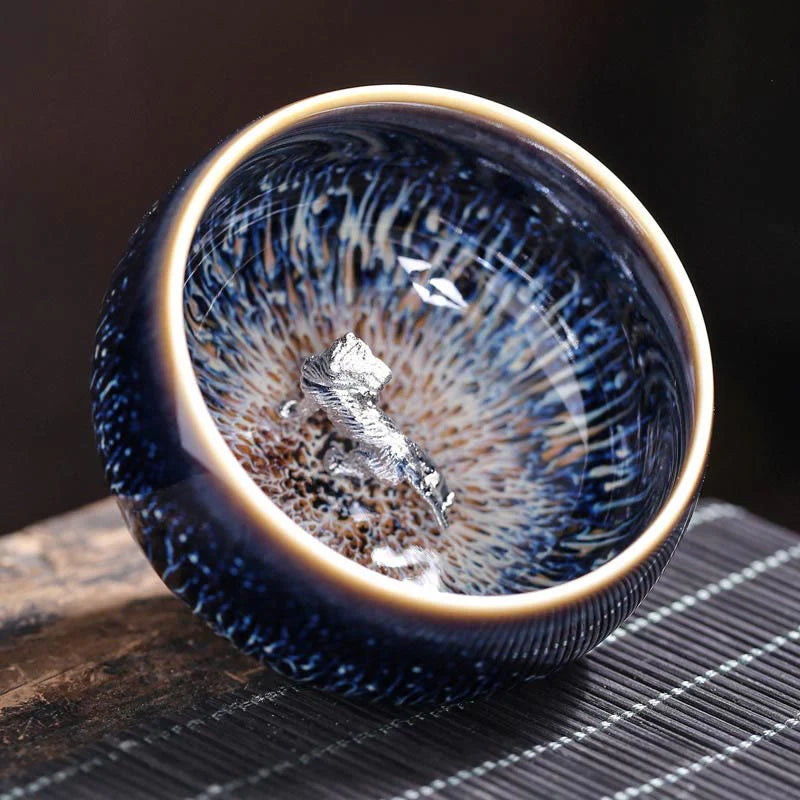 Buddha Stones Handmade Chinese Jianzhan Koi Fish Lotus Dragon Phoenix 12 Chinese Zodiac Ceramic Teacup Kung Fu Tea Cup 70ml
