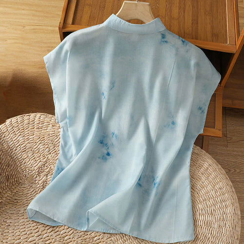 Buddha Stones Light Blue Frog-Button Sleeveless Women's Shirt