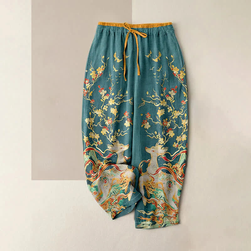 Buddha Stones Pure Cotton Plum Blossoms Deer Drawstring Women's Pants With Pockets