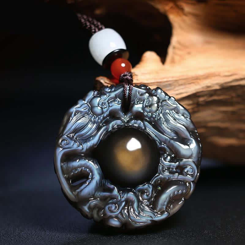 Buddha Stones Natural Gold Sheen Obsidian Rainbow Obsidian Dragon Strength Necklace Pendant (Extra 35% Off | USE CODE: FS35)