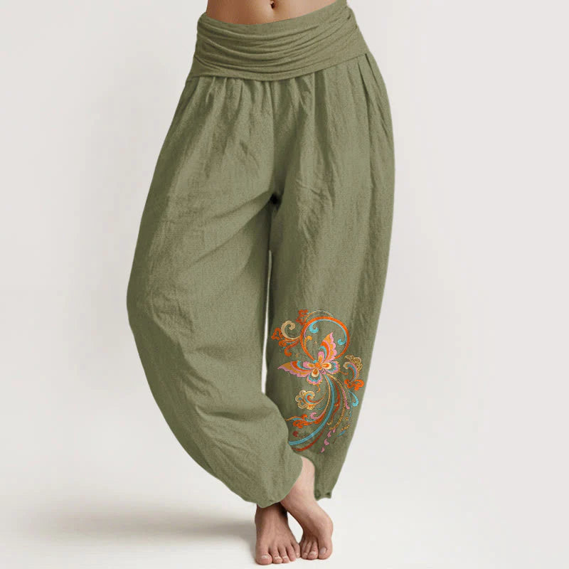 Buddha Stones Cotton Free Butterfly Auspicious Cloud Pattern Women's Elastic Waist Harem Pants
