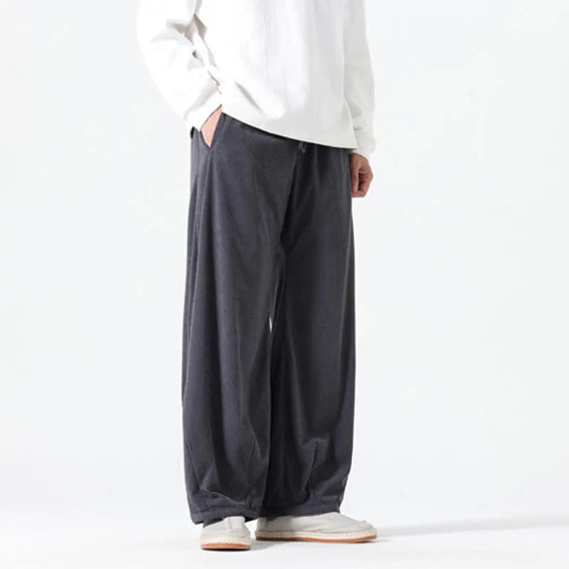 Buddha Stones Spring Pure Color Drawstring Design Corduroy Cotton Men's Harem Pants With Pockets