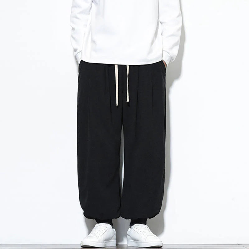 Buddha Stones Fall Plain Drawstring Simple Design Men's Harem Cotton Corduroy Pants With Pockets