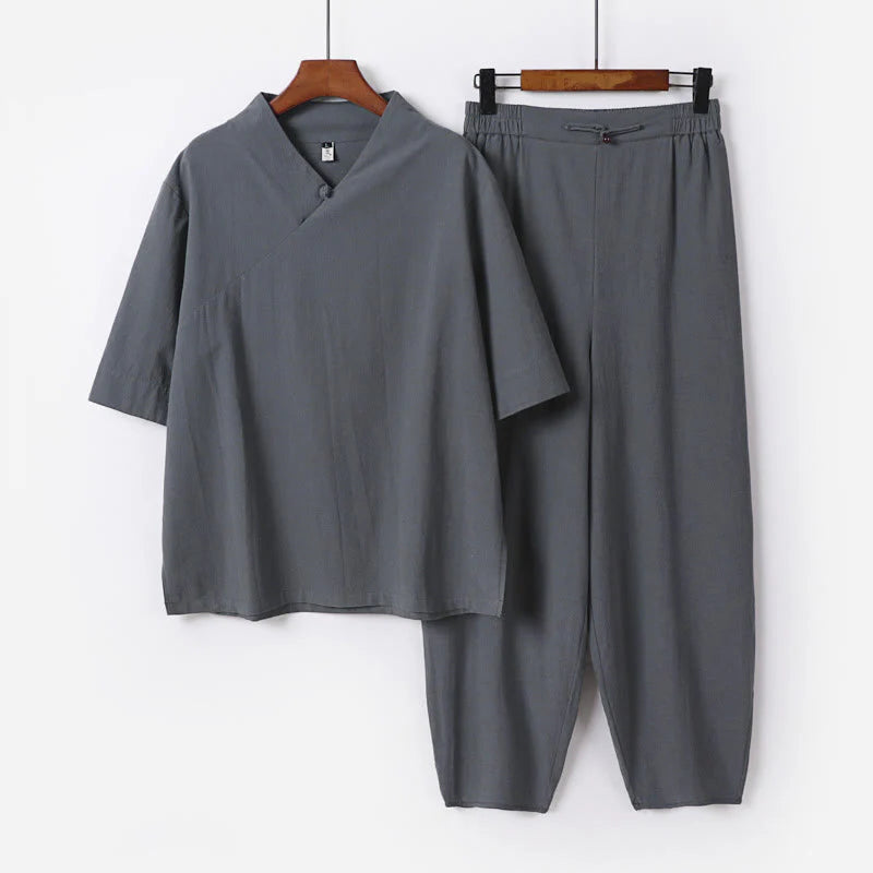 Buddha Stones 2Pcs V-Neck Cotton Half Sleeve Shirt Pants With Pockets Men's Meditation Cloth Set