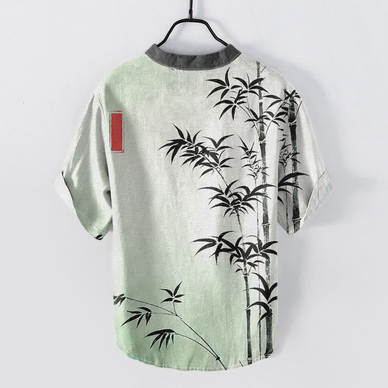 Buddha Stones Cotton Bamboo Emblem Men's Short Sleeve Half Button Shirt