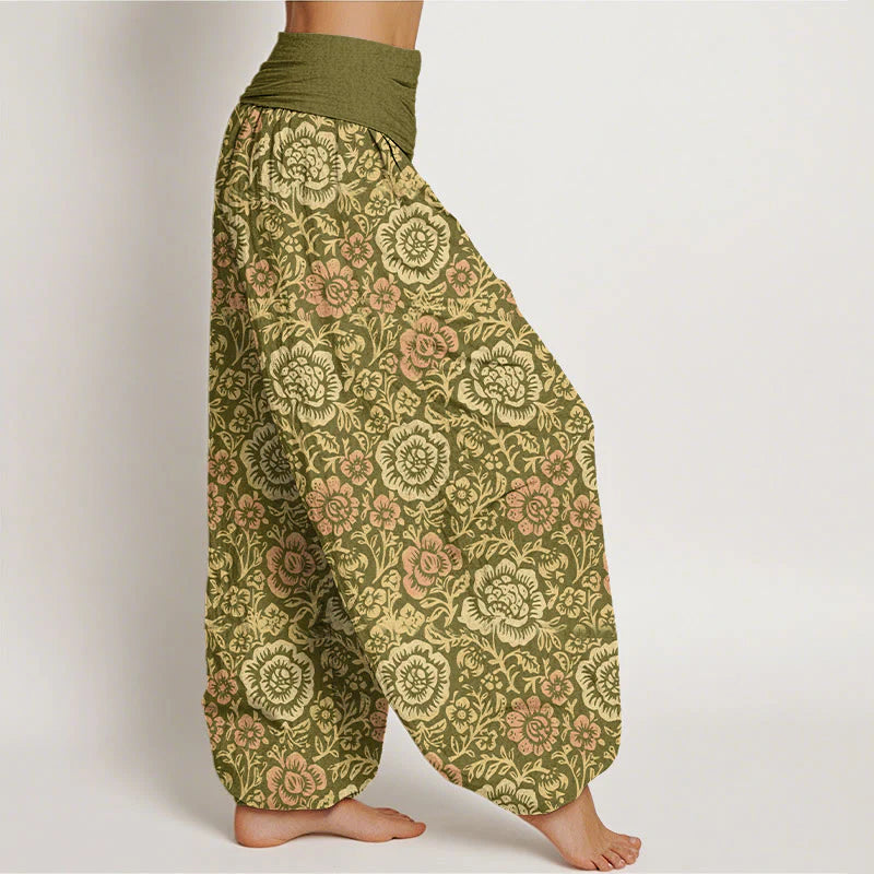 Buddha Stones Pure Cotton Vintage Pastoral Floral Pattern Women's Elastic Waist Harem Pants