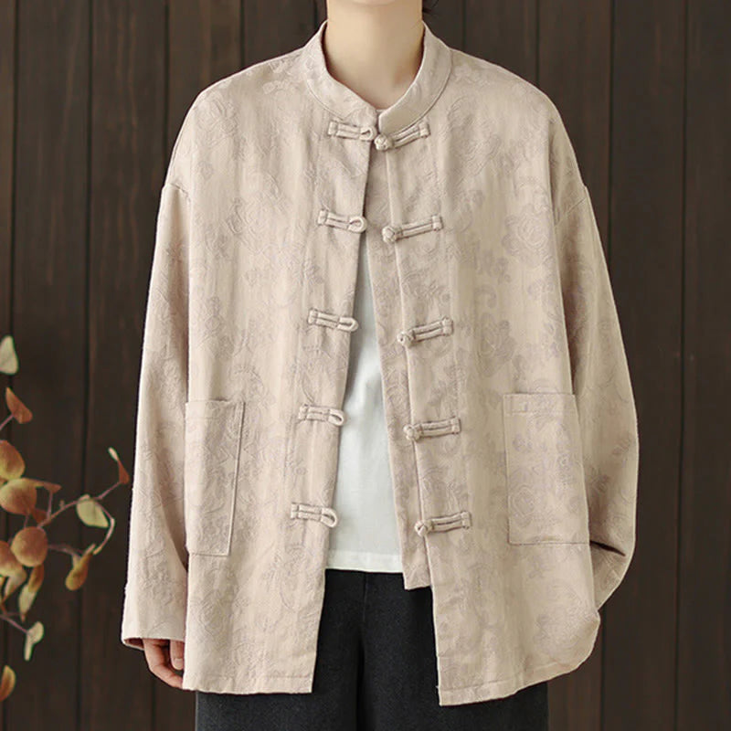 Buddha Stones Fall Floral Print Frog-Button Stand Collar Long Sleeve Women's Cotton Shirt