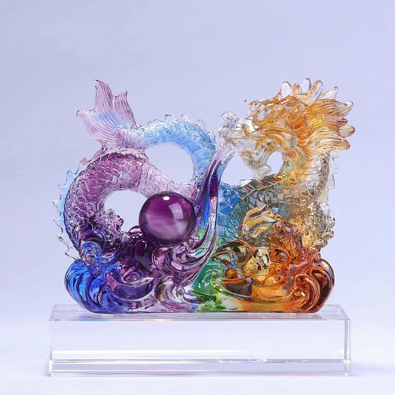 Buddha Stones Year of the Dragon Handmade Dragon Playing With Pearl Ingot Liuli Crystal Art Piece Protection Home Office Decoration