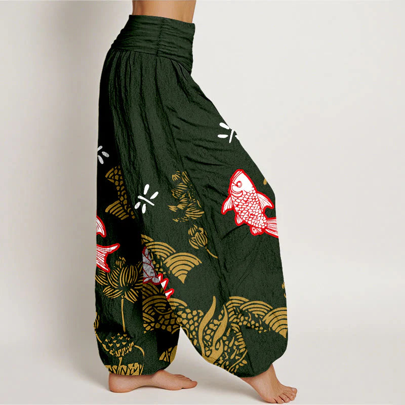 Buddha Stones Pure Cotton Koi Fish Lotus Flowers OceanÂ Women's Elastic Waist Harem Pants