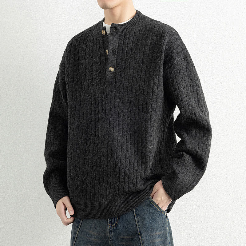 Buddha Stones Winter Crew Neck Three Buttons Twisted Design Warm Men's Long Sleeve Knitted Sweater
