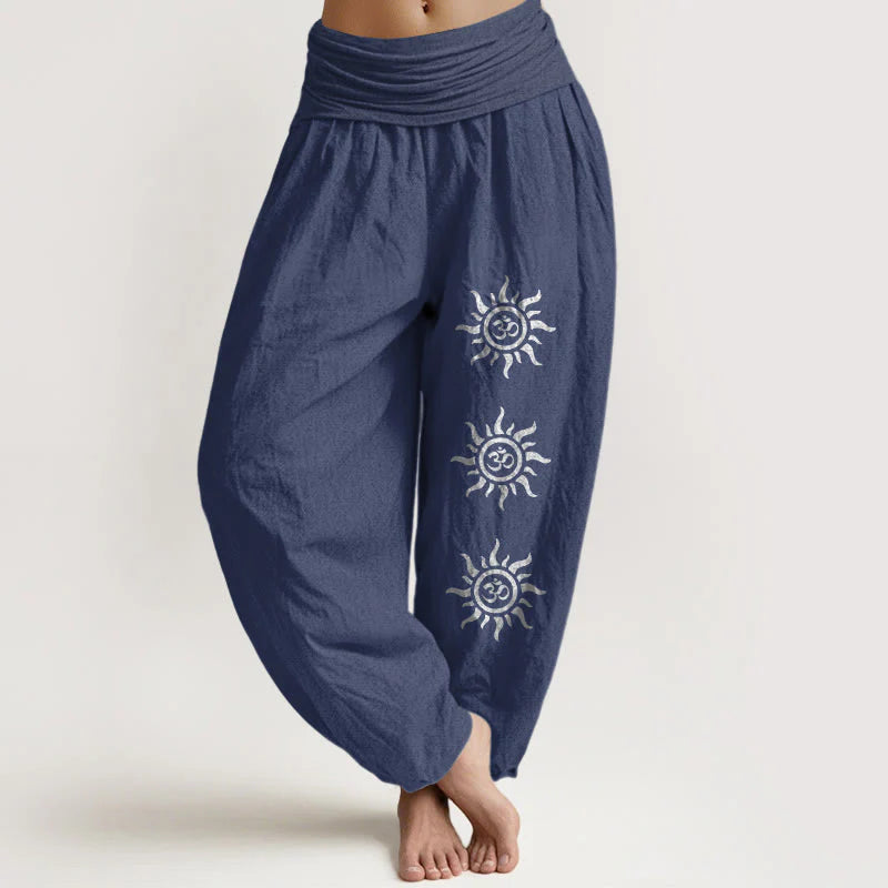 Buddha Stones Solid Color Pure Cotton Sun Om Symbol Pattern Women's Elastic Waist Harem Pants