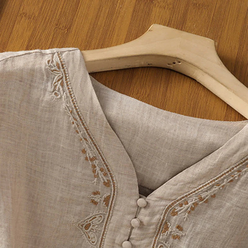 Buddha Stones Casual Embroidery Single Breasted Button Polyester Half Sleeve Women's V-neck Shirt