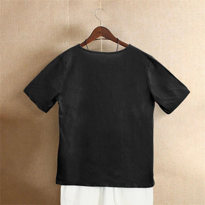 Buddha Stones Casual Summer Pure Color Jacquard Button Crew Neck Cotton Women's Short Sleeve T-Shirt