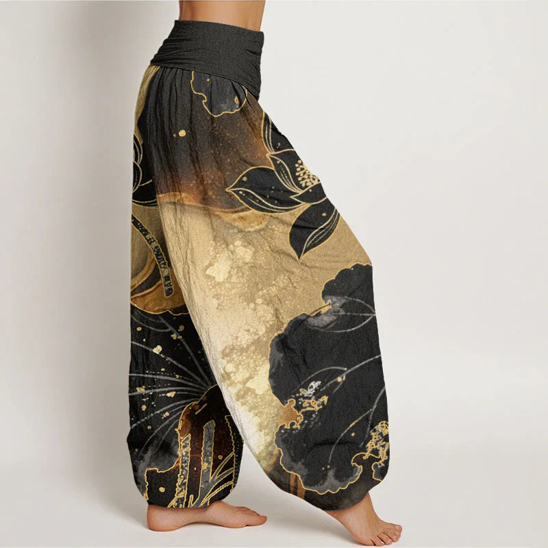 Buddha Stones Cotton Casual Lotus Petal Pattern Women's Elastic Waist Harem Pants