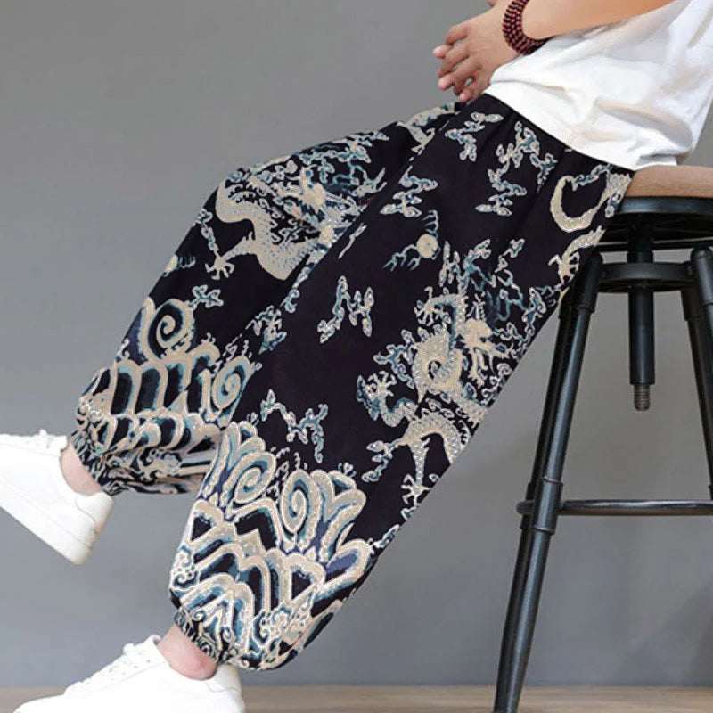 Buddha Stones Summer Dragon Drawstring Design Cotton Linen Men's Harem Pants With Pockets