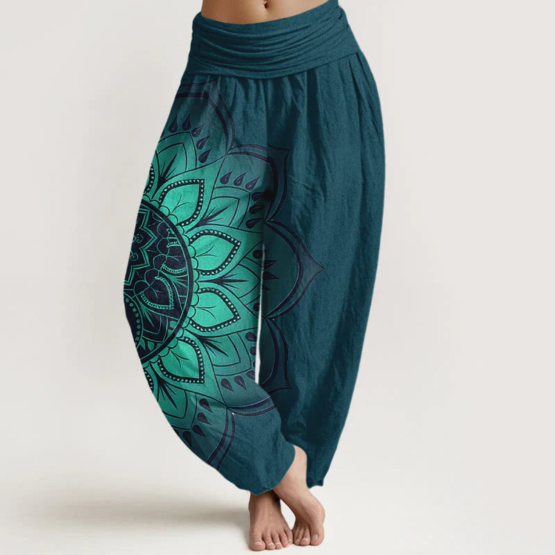 Buddha Stones Cotton Symmetrical Mandala Pattern Women's Elastic Waist Harem Pants