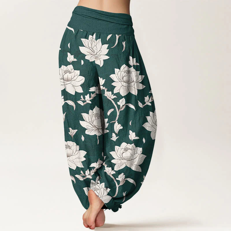 Buddha Stones Pure Cotton Beige Lotus Pattern Women's Elastic Waist Harem Pants