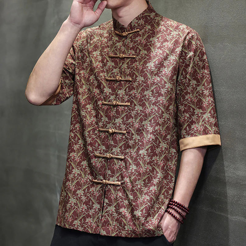 Buddha Stones Summer Colorful Floral Leaves Pattern Short Sleeve Frog-button Design Men's Cotton Shirt