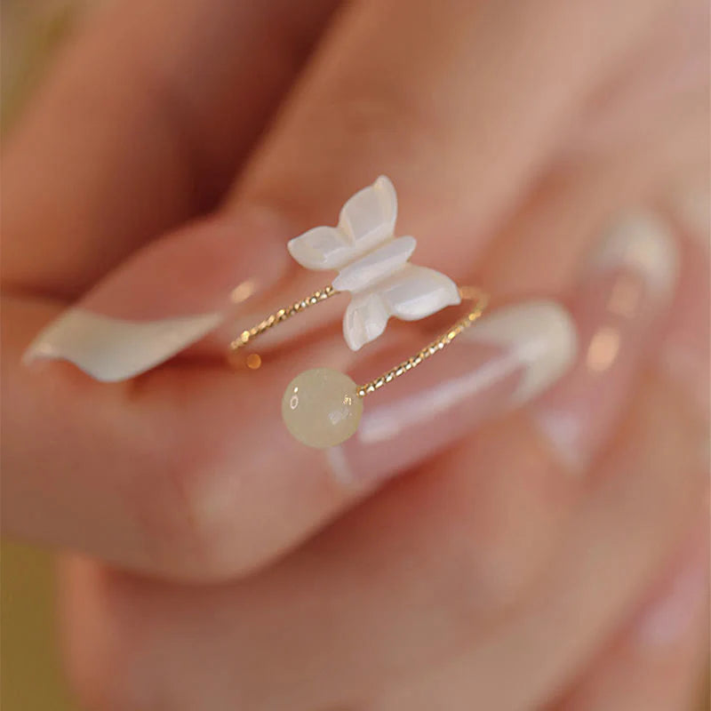 Buddha Stones 14k Gold Plated Round Hetian Jade Tridacna Stone Peach Blossom Flower Butterfly Prosperity Adjustable Ring (Extra 35% Off | USE CODE: FS35)