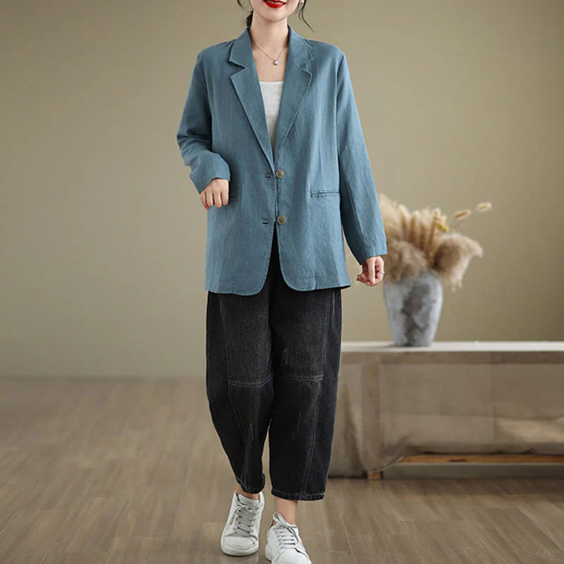 Buddha Stones Spring Solid Color Long Sleeve Cotton Linen Women's Jacket With Pockets