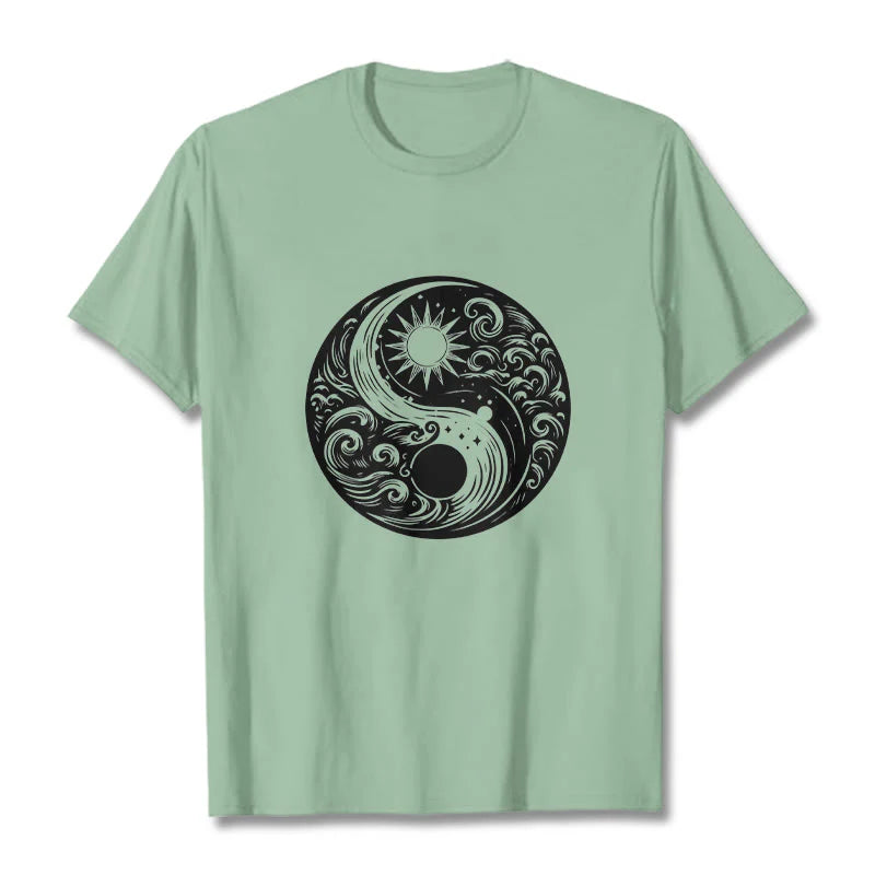 Buddha Stones Sun Moon Waves Yin Yang Pattern Cotton Tee T-shirt