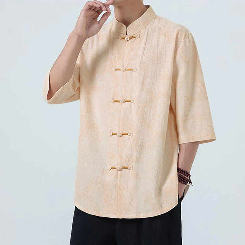 Buddha Stones Summer Dragon Auspicious Clouds Pattern Tang Suit Men's Frog-Button Half Sleeve Cotton Shirt