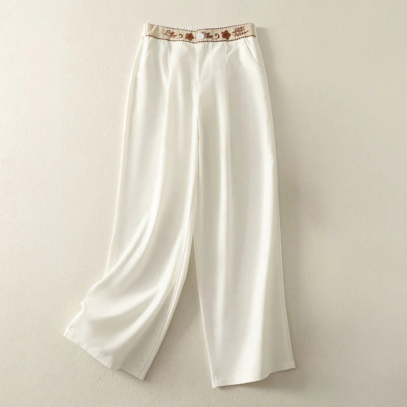 Buddha Stones Women's Embroidery Elastic Waistband Zipper Design Cotton Wide Leg Pants With Pockets