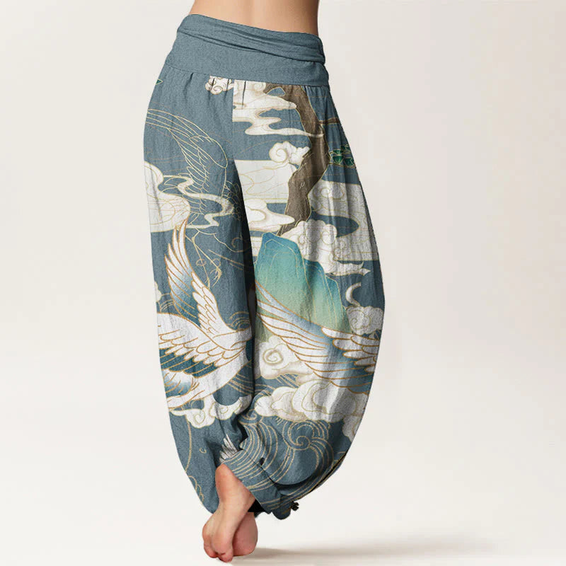 Buddha Stones Pure Cotton Flying Cranes Auspicious Clouds TreeÂ women's Elastic Waist Harem Pants