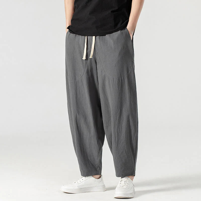 Buddha Stones Spring Fall Solid Color Drawstring Men's Ankle-Length Harem Pants With Pockets