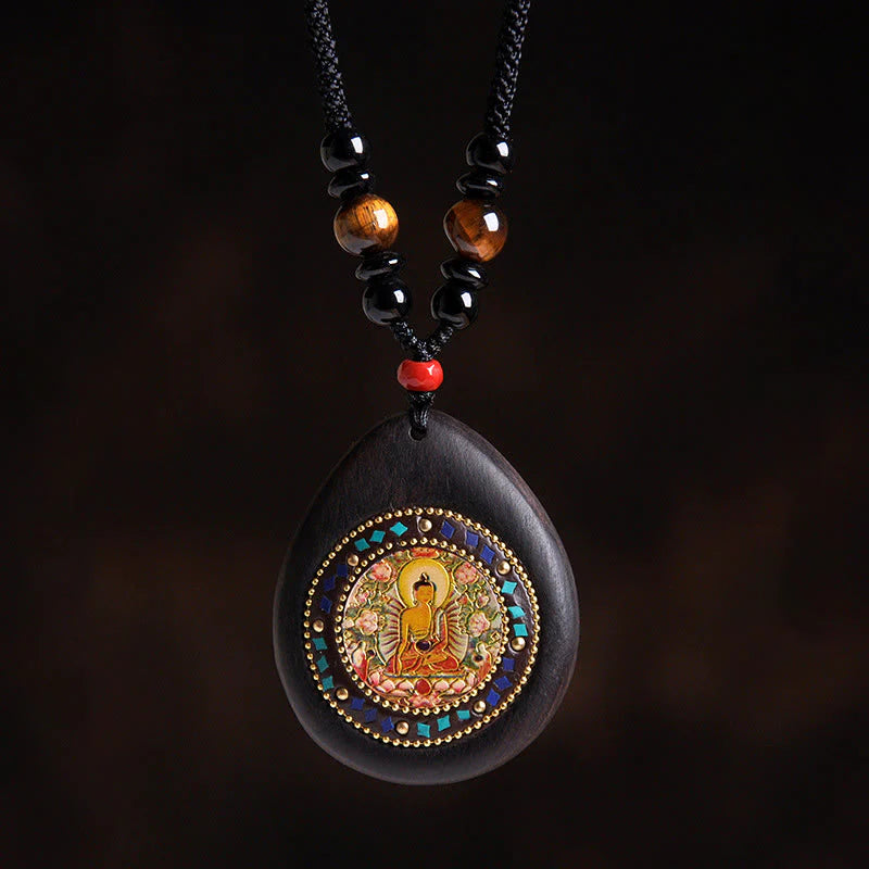 Buddha Stones Chinese Zodiac Natal Buddha Ebony Wood Tiger Eye Black Onyx Calm Necklace Pendants