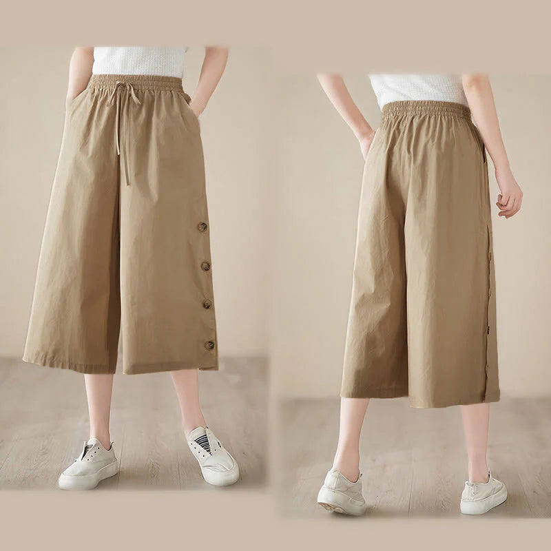 Buddha Stones Plain Buttoned Side Design Capri Cropped Women's Wide Leg Pants With Pockets