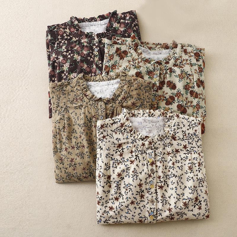 Buddha Stones Fall Floral Print Buttons Down Design Women's Cotton Long Sleeve Shirt