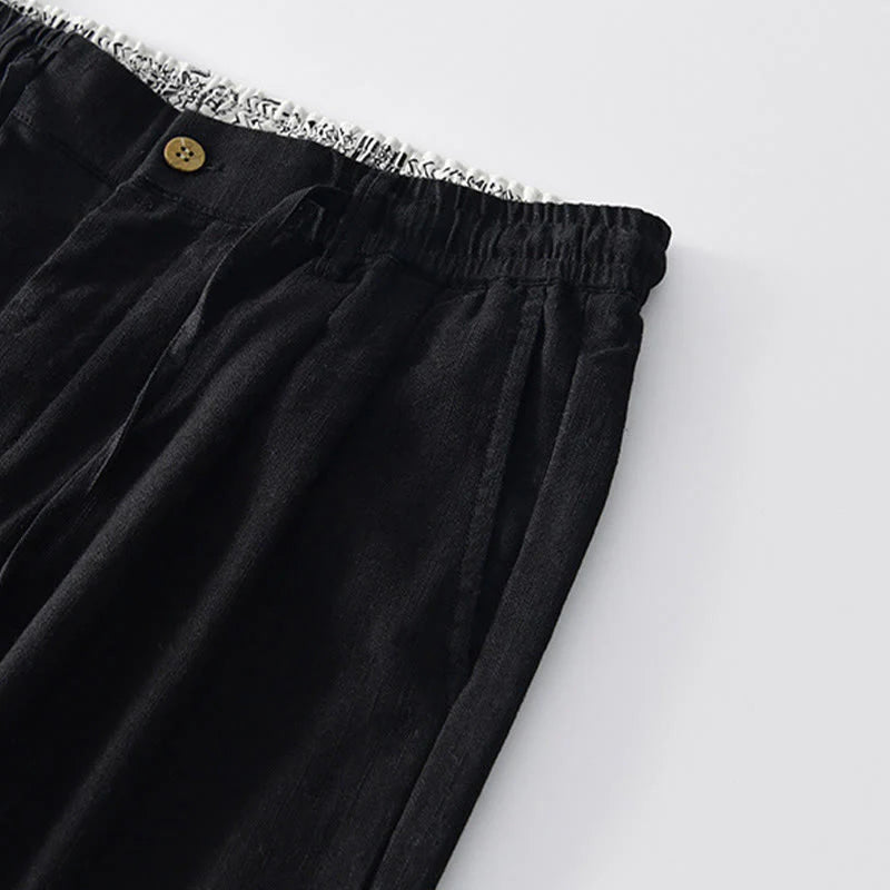 Buddha Stones Fall Solid Drawstring Zipper Men's Linen Wide Leg Pants With Pockets