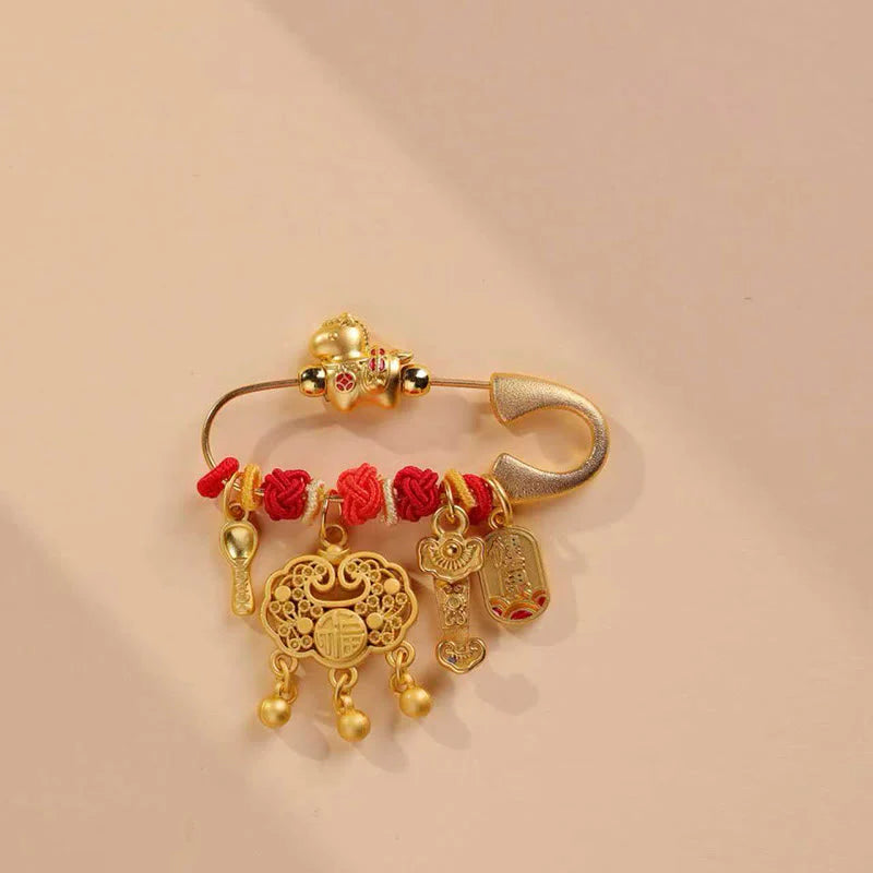Buddha Stones Year Of The Horse Fu Character Longevity Lock Ruyi Handle Luck Brooch