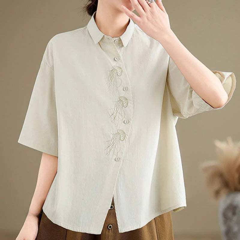 Buddha Stones Casual Women's Embroidered Jellyfish Pattern Stand Collar Buttons Design Half Sleeve Cotton Shirt