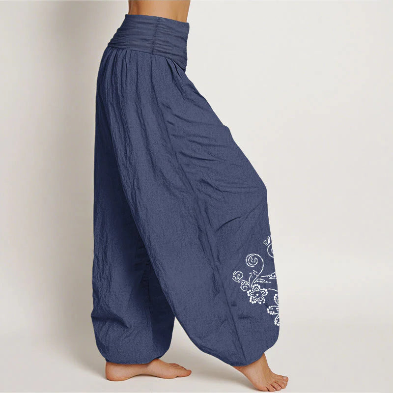 Buddha Stones Pure Cotton Composed Of Dots Vine Flower Pattern Women's Elastic Waist Harem Pants