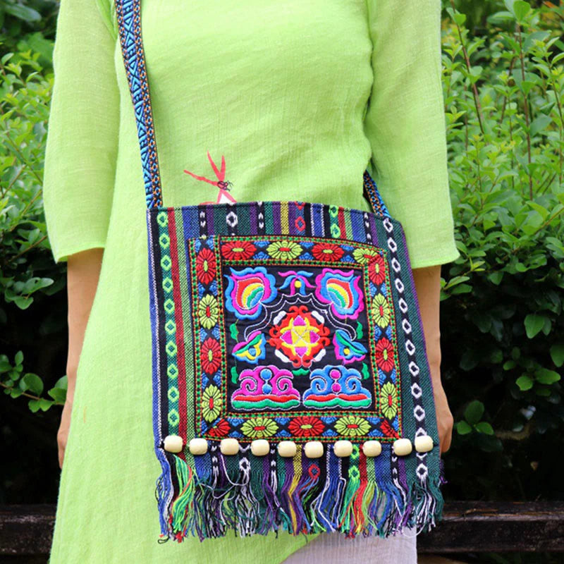 Buddha Stones Tibetan Handmade Embroidered Camellia Canvas Shoulder Bag Crossbody Bag