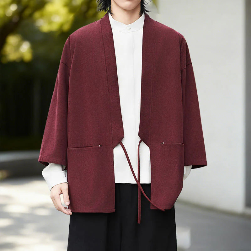 Buddha Stones Fall Solid Color White Men's Long Sleeve Cotton Linen Shirt Corduroy Kimono