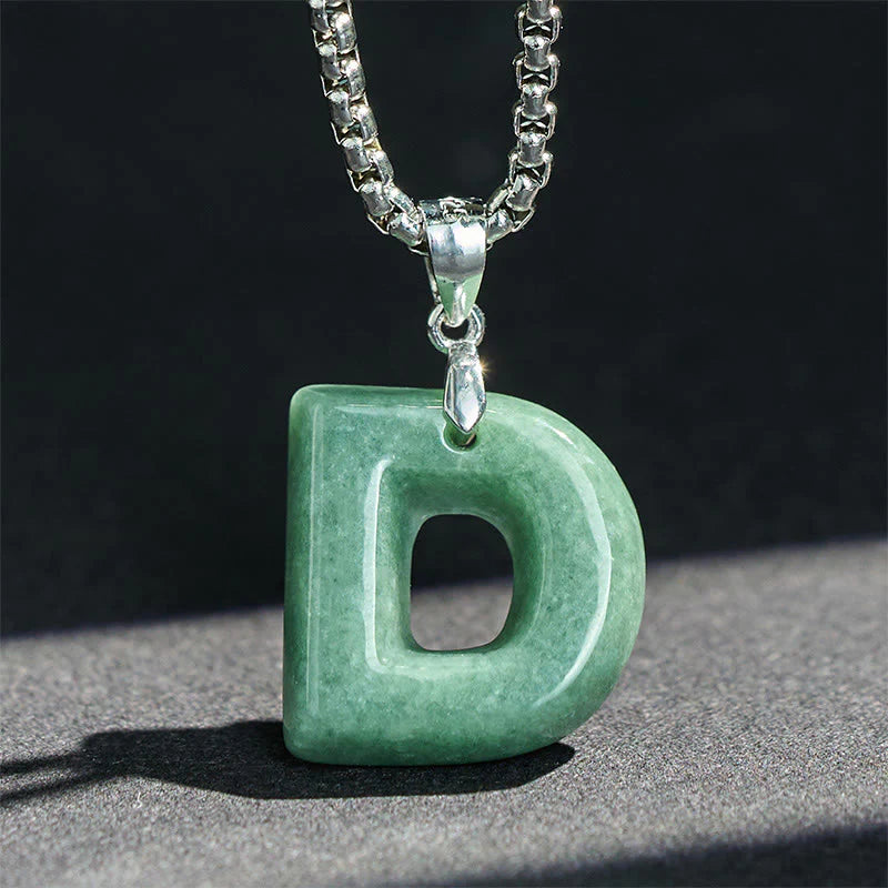 Buddha Stones Natural A-Z Letter Jade Titanium Steel Wide Chain Prosperity Necklace Pendant
