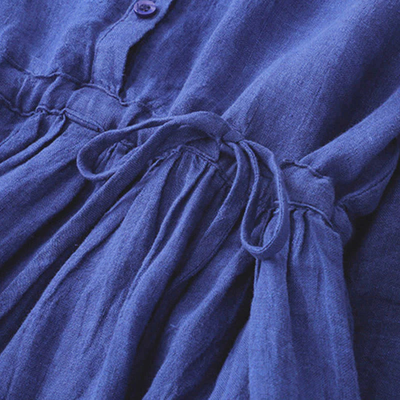 Buddha Stones Plain Long Sleeve Cotton Midi Dress With Pockets