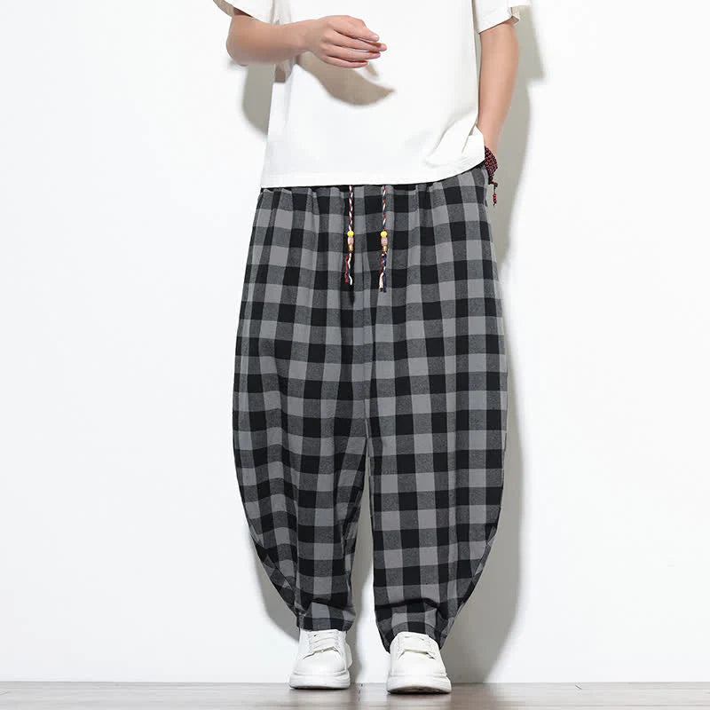 Buddha Stones Summer Plaid Pattern High Waist Drawstring Men's Harem Pants With Pockets