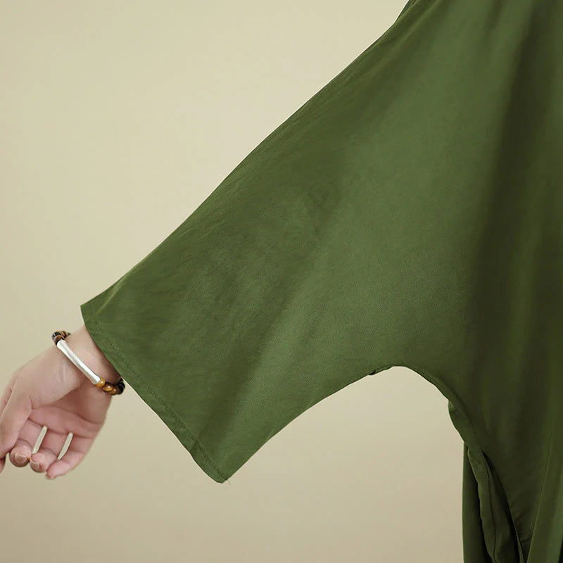 Buddha Stones Retro Casual Solid Color Long Sleeve Cotton Linen Maxi Dress With Pockets