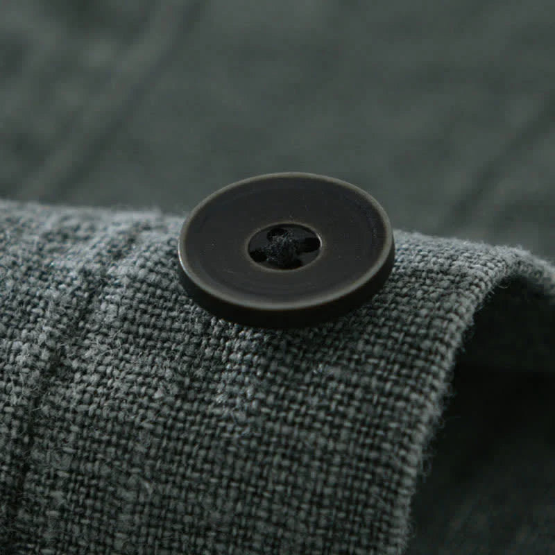 Buddha Stones Fall Plain Long Sleeve Buttons Design Men's Ramie Linen Cotton Shirts With Pocket