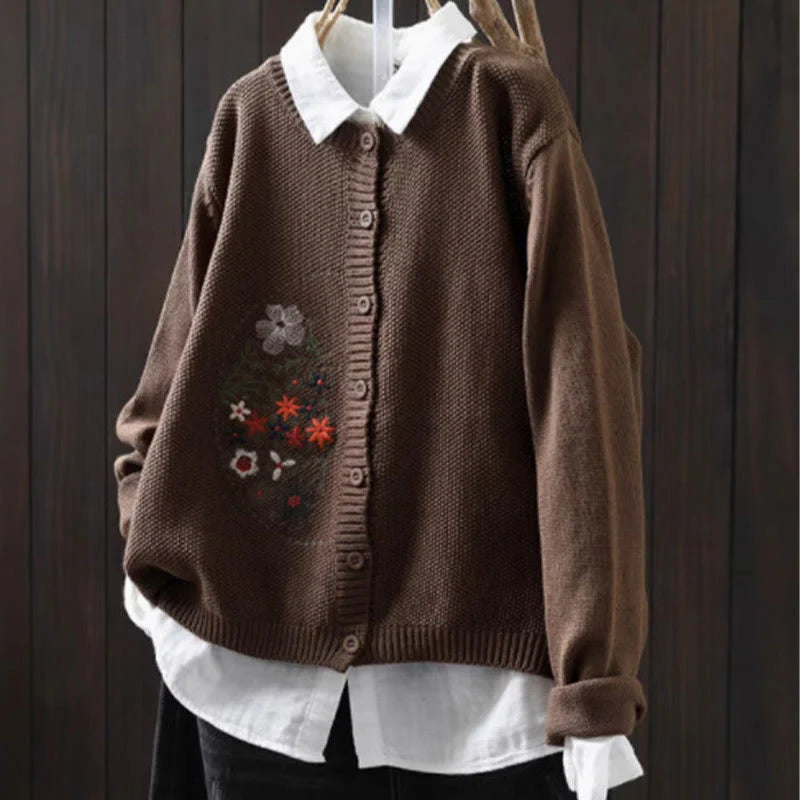 Buddha Stones Floral Embroidery Buttons Cotton Women's Long Sleeve Knitted Cardigan Sweater