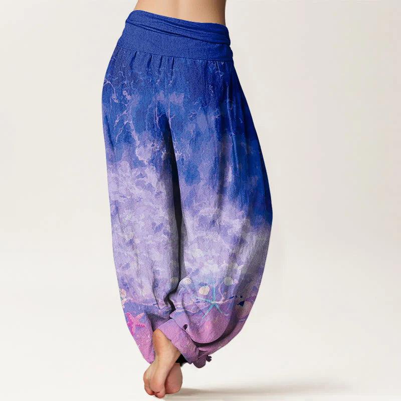 Buddha Stones Cotton Vast Ocean Pattern Women's Elastic Waist Harem Pants