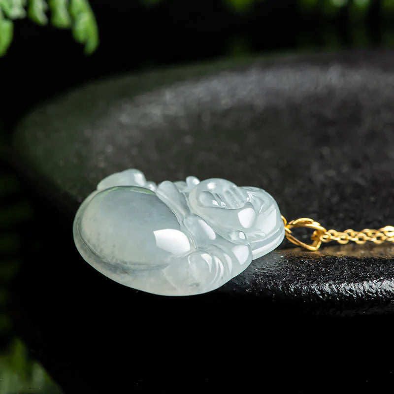Buddha Stones Laughing Buddha Natural Jade Abundance Titanium Steel Chain Necklace Pendant