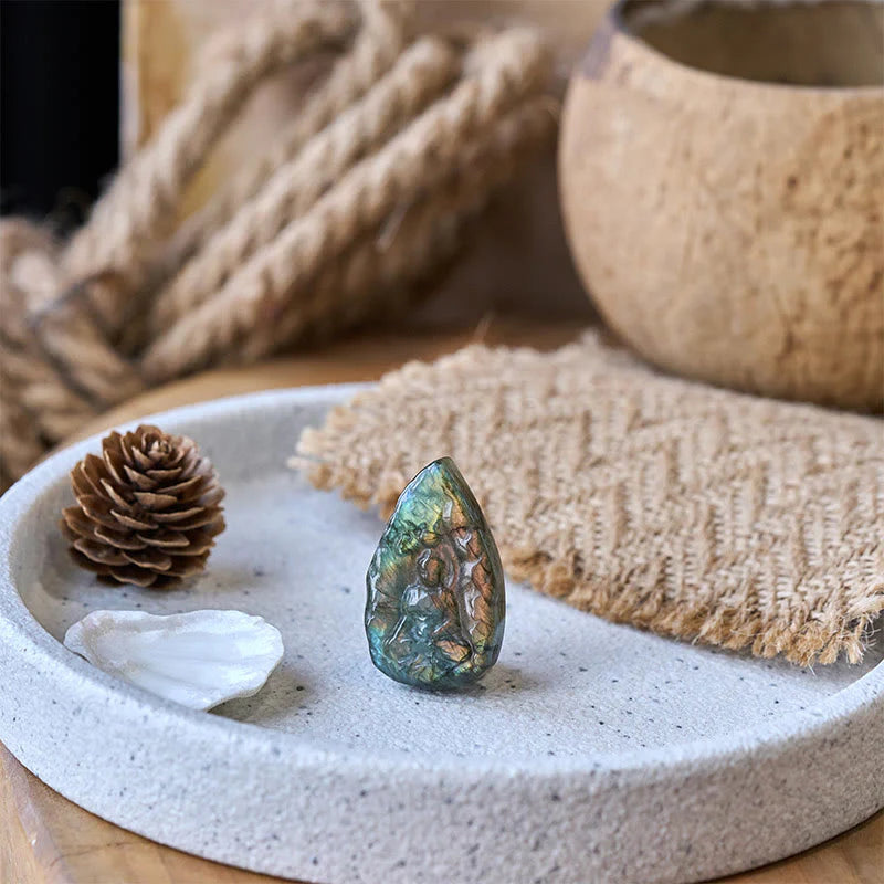 Buddha Stones Engraving Buddha Natural Labradorite Teardrop Shape Figurine Cure Statue Home Decoration