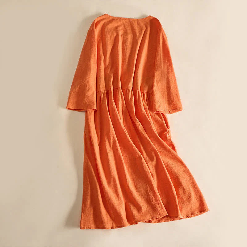 Buddha Stones Embroidery Geometry Half Sleeve Women's Midi Dress With Pockets