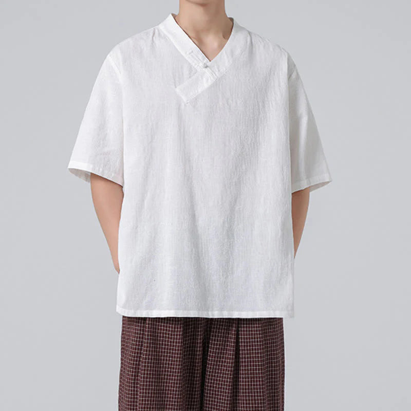 Buddha Stones Ethnic Distressed Jacquard Frog-Button Men's Stand Collar Half Sleeve Cotton Linen Shirt Tai Chi Clothes